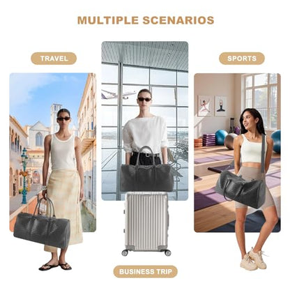 Weekender Bags for Women Woven Leather Travel Duffle Bag with Shoe Compartment, Carry On Garment Bag for Men Women, Large Capacity Water-resistant Gym Tote (Gray) - color: Gray