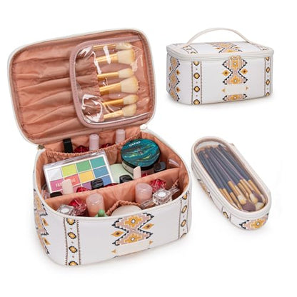 Montana West X Wrangler Travel Makeup Bag 2pcs Set Large Cosmetic Bag with Makeup Brush Holder Portable Make Up Organizer Cute Toiletry Bag with Divider and Handle for Women Aztec - color: Tan