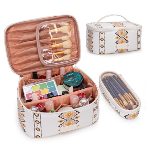 Montana West X Wrangler Travel Makeup Bag 2pcs Set Large Cosmetic Bag with Makeup Brush Holder Portable Make Up Organizer Cute Toiletry Bag with Divider and Handle for Women Aztec - color: Tan