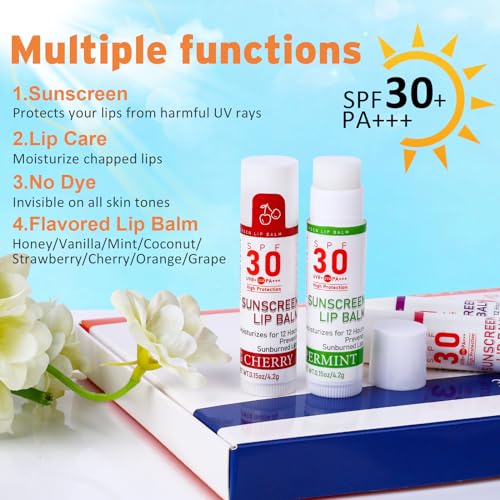 SPF 30 Sunscreen Lip Balm, Bulk Travel Size-64 Pack, Hydrating with Vitamin E & Coconut Oil- 8 Flavors - color: 64 Count