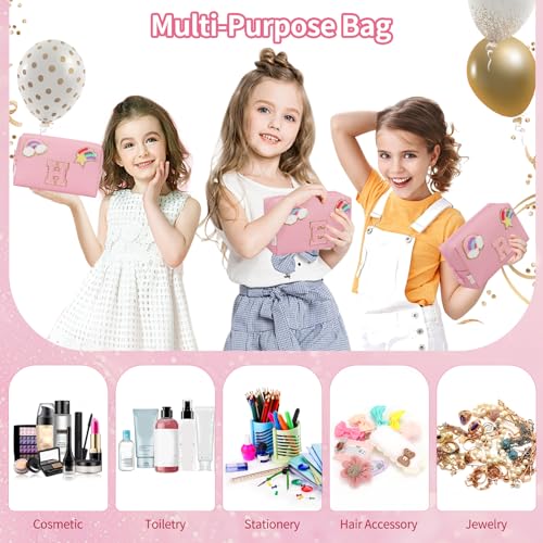 Initial Makeup Bag for Girls, Cute Makeup Bag Small Cosmetic Bag Travel Make Up Organizer Pouch, Birthday Gifts for Girls 4 5 6 7 8 9 10 11 12 13 14 15 Years Old, Teen Girls Gifts Trendy Stuff - color: Pink + Bracelet, style: B