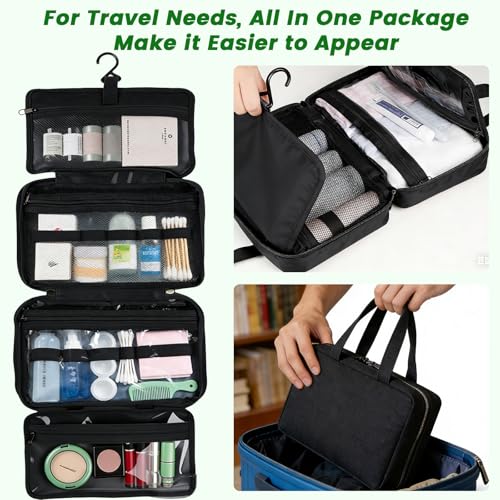 4-Layer Foldable Hanging Toiletry Bag – Large Capacity Travel Organizer with Dry-Wet Separation, Portable Toiletry Kit for 3-5 People (Black) - color: Black