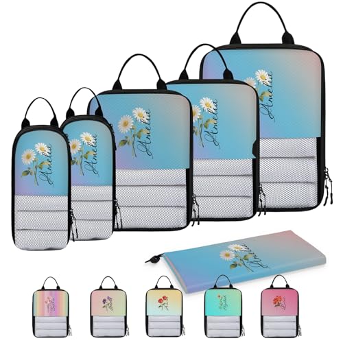 Custom 6 Set Compression Packing Cubes for Travel, Personalized Lightweight Luggage Organizer Bags with Birth Flower, Expandable Large Expandable Packing Organizer, Light Blue - color: Blue Pinks Purple