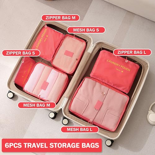 6 Set Packing Cubes for Travel Luggage Organizer Bags Reusable washable Suitcase Packing Cubes Set Travel Accessories Essentials (Watermelon Red‌) - color: Watermelon Red