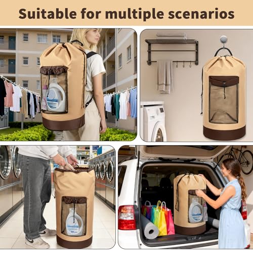150L Laundry Bag Backpack with 3 Sizes Mesh Wash Bags and Shoulder Straps Foldable Clothes Hamper Bag with Drawstring Closure for College, Apartment, Laundromat(Khaki) - color: Khaki