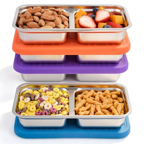 4 Pack 14 oz Stainless Steel Snack Containers, 2 Compartment Leakproof Metal Bento Box with Silicone Lids, Divided Food Storage for Meal Prep, Portion Control, Lunch, Travel, Camping - color: 2 Compartments – B