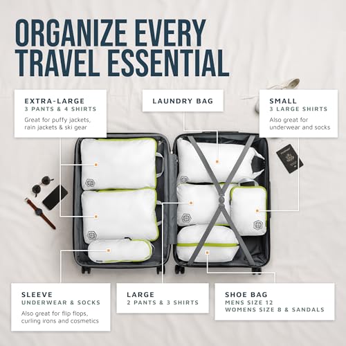 Large Compression Packing Cubes for Travel-Packing Cube Luggage Organizers 7 Piece Set for Checked Luggage-Ultralight, Expandable/Compression Bags by TRIPPED Travel Gear (White/Green) - color: White/Green