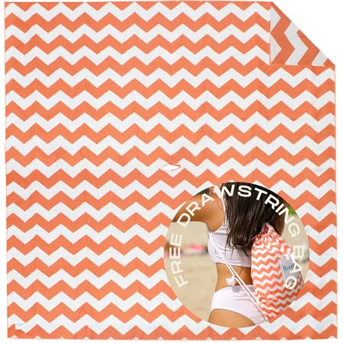 Plush Microfiber Beach Blanket, Large Beach Mat for 1-4 Persons, Sandproof, Windproof | Hole for Umbrella, Corner Sand Pockets to Fight Wind (Bag for Blanket Included) - color: Peach & Chevron, size: Large