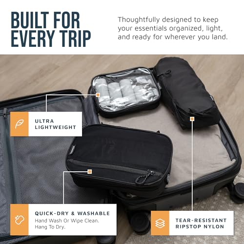 Toiletry Bag Kit 3 Piece Set: Hanging Travel Toiletry Bag + 311 TSA Cosmetic Liquid Bag + Accessory Organizer Pouch - color: Black Ripstop