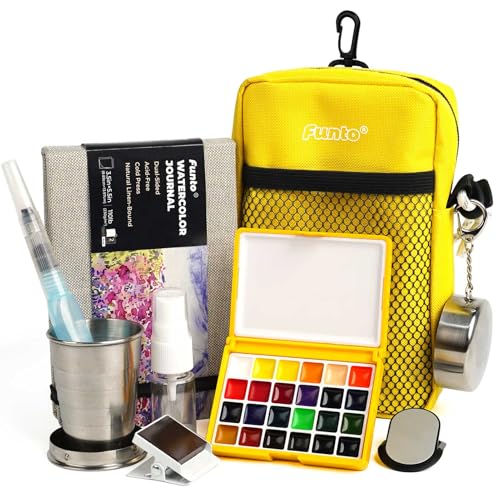 Funto Mini Watercolor Paint Set, All-in-One 24-Color Travel Paint Kit, with Crossbody Bag, Watercolor Journal, Paint Water Cup, Pocket Set for Artists - color: 24-Color Yellow Set, style: Sporty Box