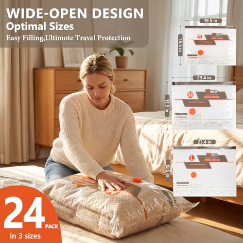 NESCCI Vacuum Bags for Travel with Rechargeable Air Pump,Carry-on Size Compression Packing Bags for Luggage and Suitcase,Space Saver for Clothes 24 Pcs Combo Travel Size - size: 24 Combo Size (Orange)