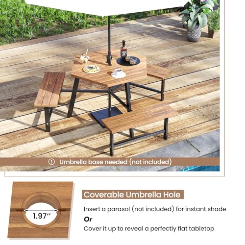 Tangkula 6 Person Acacia Wood Picnic Table, Outdoor Hexagonal Table and Bench Set with 3 Built-in Benches, Umbrella Hole & Metal Frame for Patio Backyard Garden Poolside
