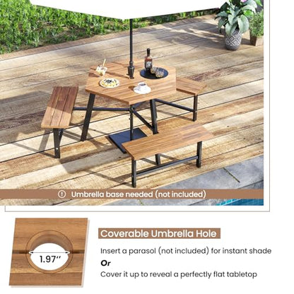 Tangkula 6 Person Acacia Wood Picnic Table, Outdoor Hexagonal Table and Bench Set with 3 Built-in Benches, Umbrella Hole & Metal Frame for Patio Backyard Garden Poolside