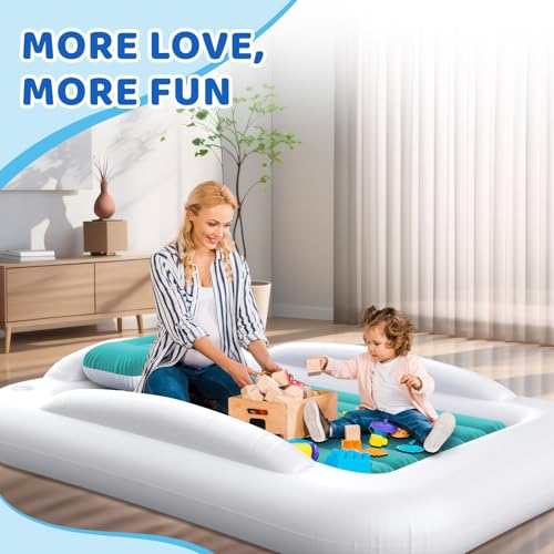 Inflatable Toddler Travel Bed - 60 Inches Portable Toddler Bed for Travel with Safety Sides - Cozy Kids Air Mattress Set with High-Speed Pump & Carry Case - Easy to Inflate(Teal Blue) - color: Teal Blue