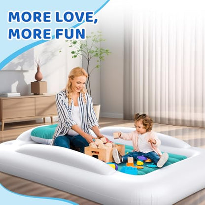 Inflatable Toddler Travel Bed - 60 Inches Portable Toddler Bed for Travel with Safety Sides - Cozy Kids Air Mattress Set with High-Speed Pump & Carry Case - Easy to Inflate(Teal Blue) - color: Teal Blue