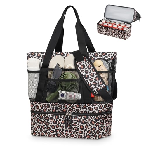 WOOMADA Beach Tote Bag With Cooler, Large Mesh Beach Bags for Women with Wet Pocket, Pool, Swim, Travel Essentials - color: Brown Leopard