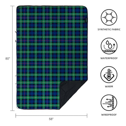 Large Outdoor Waterproof Blanket Extra Thick Fleece Stadium Blanket for Camping, Car, Pet, Picnics - Windproof, Wearable, Machine Washable 80" x 58" (Green Check) - color: Green Check