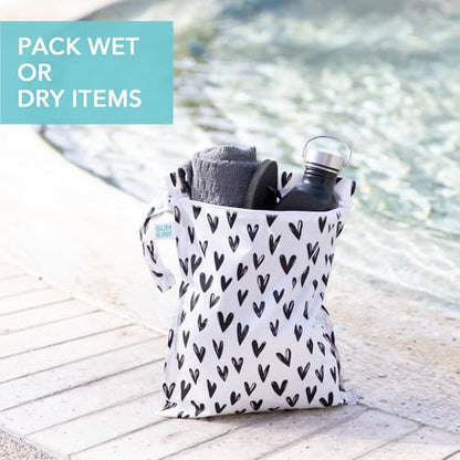 Bumkins - Waterproof Wet Bag & Clear Travel Bags - For Beach, Baby, Travel, Swim Suit, Cloth Diapers, Pump Parts, Pool, Gym, Toiletries - Reusable & Easy to Clean - Black Hearts - 4 Pack - color: A6 Black Hearts-4