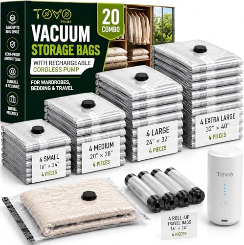 Vacuum Bags for Travel with Rechargeable Air Pump, 20 Pack Combo Size Compression Packing Bags for Luggage and Suitcase, Space Saver Vacuum Storage Bags for Clothes, Bedding, Blankets and Moving
