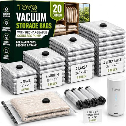 Vacuum Bags for Travel with Rechargeable Air Pump, 20 Pack Combo Size Compression Packing Bags for Luggage and Suitcase, Space Saver Vacuum Storage Bags for Clothes, Bedding, Blankets and Moving