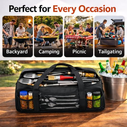 Vexillum Portable Grill Tool Storage Bag – Large BBQ Utensil Organizer for Grilling & Camping, Waterproof & Stain-Resistant Fabric with Pockets, Barbecue Accessories Case Container (22"x6.5"x7.2")