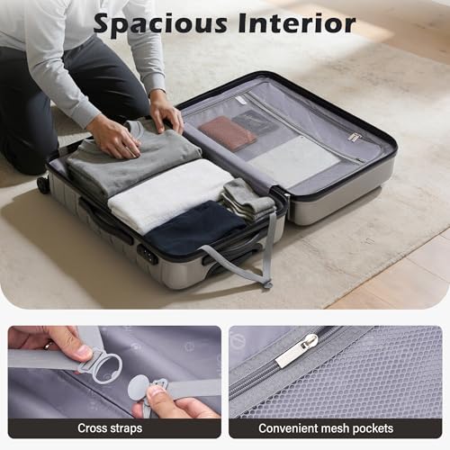 Coolife Medium Checked Luggage with Spinner Wheels, Hardside Suitcase TSA Lock Lightweight Travel Luggage 24-inch,Gray - color: gray, size: Medium(24in)