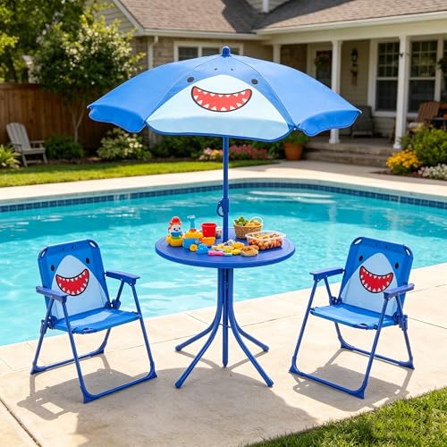 HONEY JOY Kids Picnic Table, Animal Themed Toddler Outdoor Table and Chair Set, 2 Folding Chairs & Removable Umbrella, Children Outdoor Furniture for Backyard Patio Garden (Navy Shark) - color: Navy Shark