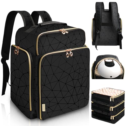 Nail Polish Organizer Backpack Holds 126 Bottles& Nail Lamp, Extra Large Nail Kit Supplies Organizer Bag with 3 Removable Cases, Portable Nail Organizers and Storage for Trave (Elegant Black) - color: Elegant Black (Pu Leather)