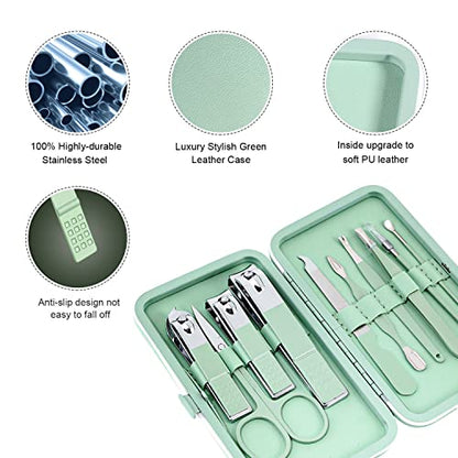 Manicure Set, Travel Mini Nail Clippers Kit Pedicure Care Tools, 10pcs Stainless Steel Grooming kit (Green) - color: Green