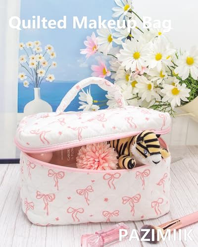 Quilted Makeup Bag Large Travel Zipper Soft Cosmetic Case for Women Girls Make Up,Bow Pink - color: Bow Pink, size: 1 PCS Bag