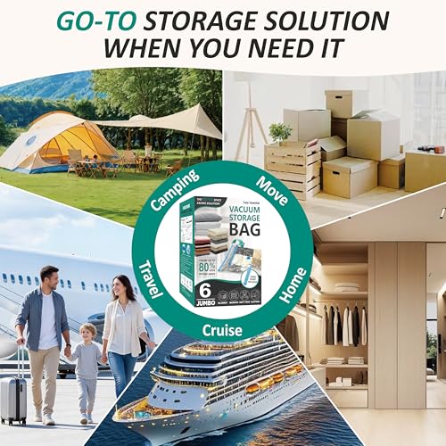Cozy Essential Vacuum Storage Bags, 80% Compression Vacuum Seal Space Saver Plastic Packaging Bags for Clothes, Blankets, Pillow, Bedding, Comforters, Sealer Clothing Storage,6 Jumbo