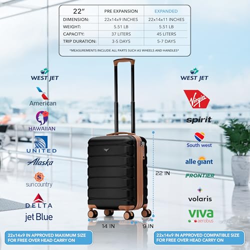 Flight Knight 22x14x9 Expandable Carry On Suitcase Hardside TSA Lock USB C Port Lightweight Luggage Silent Double Spinner Wheels Maximum Overhead Carry-On Bag American United Approved Black/Tan - color: Black/Tan, size: 22x14x9"