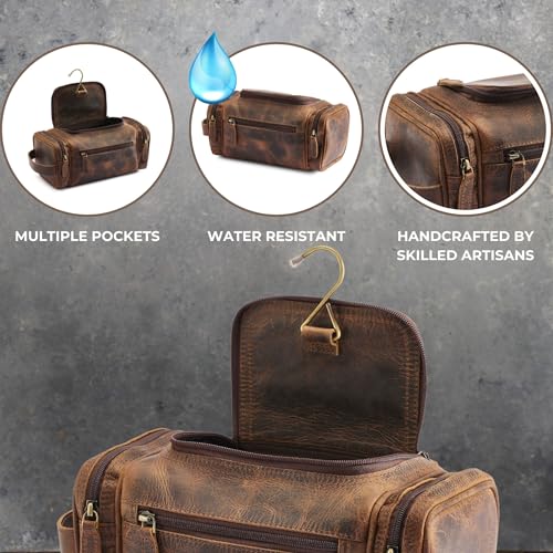 NomadCraftsCo. Medium Sized Hanging Leather Toiletry Bag for Men Women - Premium Men's Travel Bag, Dopp Kit, Leather Pouch, Mens Toiletry Bag for Travel - size: Medium
