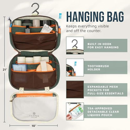 Toiletry Bag Kit 3 Piece Set: Hanging Travel Toiletry Bag + 311 TSA Cosmetic Liquid Bag + Accessory Organizer Pouch - color: Green