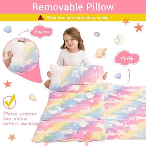 Lasoftan Toddler Nap Mat with Pillow and Blanket, Extra Large Rolled Napping Mats,Slumber Bags for Boys Girls,Kids Sleeping Bag for Daycare, Preschool Travel Camping - color: Glowing Jellyfish