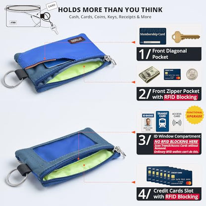 RFID Blocking Travel Wallet with Adjustable Lanyard, Small Nylon Zipper Pouch and Badge Holder for ID, Credit Cards, Cash, Keys, Commuters (Blue+SlateBlue) - color: Blue+Slate Blue