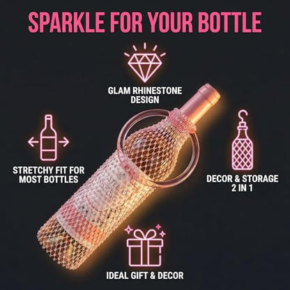 Munyee Hua Rhinestone Mesh Wine Bag Champagne Bottle Tote with Handle Reusable Gift Pouch Crystal Carrier Sparkly Bling Wedding Party Bridesmaid Gift Housewarming Holiday (Pink Handle Pink Rhinestone) - color: Pink Handle Pink Rhinestone