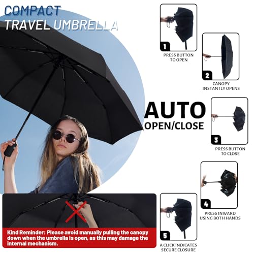 SY COMPACT Travel Umbrella - Windproof Automatic Compact Umbrella for Rain, Lightest 8-Rib, Small, Strong & Portable, Durable Grip, Fits Backpack & Car, Factory Direct (UV Available) - color: Black