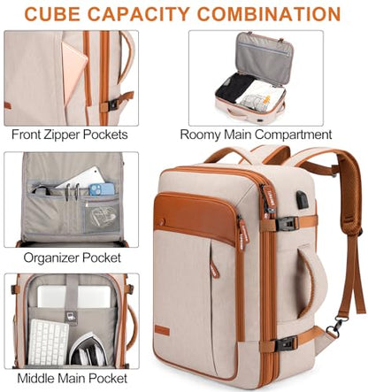 Lumesner Carry on Travel Backpacks, Extra Large 40L Flight Approved Bag for Men & Women,Expandable Suitcase Backpack With 4 Packing Cubes,Water Resistant Luggage Daypack Business Weekender Bag, Beige - color: Beige