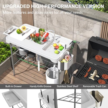 42.5" Fish Cleaning Table with Dual Sink, Portable Folding Camping Table with Faucet, Sprayer, Grid Rack, Hose Hook Up & Knife Groove, Outdoor Sink Station for Picnic Beach Patio - style: Fish cleaning table with dual sink
