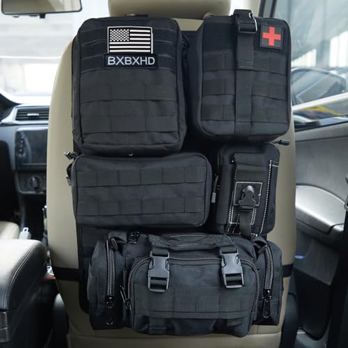 Universal Tactical Car Seat Back Organizer Bag Tactical Molle Vehicle Organizers Panel Vehicle Protector Organizers with 5 Detachable Pouches for Car Truck Ford Jeep (Black) - color: Black