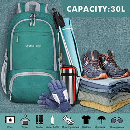 ZOMAKE Lightweight Packable Backpack 30L, Foldable Hiking Backpacks Water Resistant Compact Folding Daypack for Travel(Dark Green) - color: Dark Green