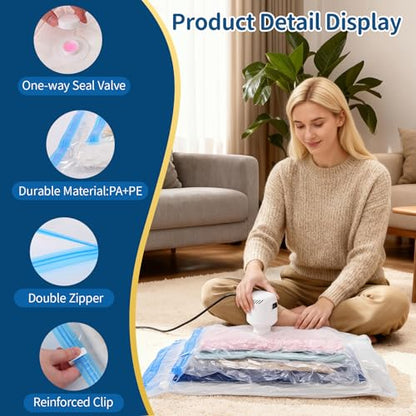Jumbo Vacuum Storage Bags with Electric Pump, 8 Pack | Stores Pillows & Comforters, 8 Jumbo Bags, Electric Pump Included, Reusable Double-Seal Storage Bags - size: 8 Jumbo
