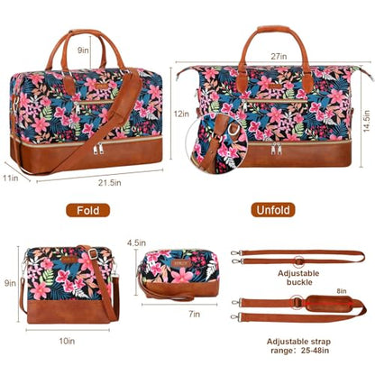 ITIEZY Weekender Overnight Bag for Women - Large Travel Duffel Bag with Shoe Compartment, Gym Duffel Bag Hospital Bag Carry On Tote Bags for Airplanes with Crossbody Bag Toiletry Bag 3Pcs Set - color: 9-Black Fower