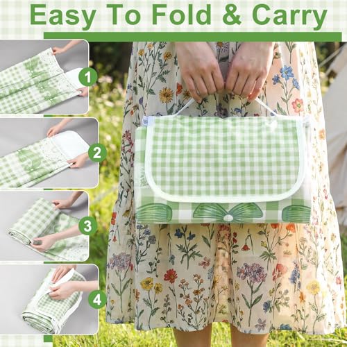 Qinyoung Bow Checkered Extra Large Picnic Blanket 79''x79'' Green Waterproof Foldable Blankets Sandproof Picnic Mat for Beach Spring Camping Grass Lawn Park Cute Couple Gifts Ideas Wedding Registry