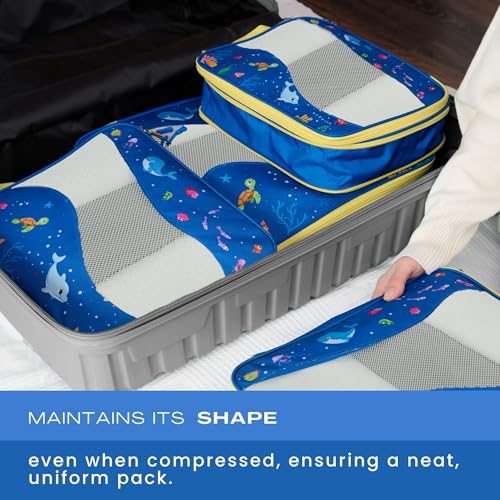 Kids Packing Cubes Compression, Luggage Packing Organization Cubes 4 Pack, Blue, 1 Small, 2 Medium, 1 Large, ocean blue - color: Underwater Sea World