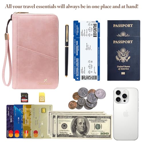 Family Passport Holder for Travel Women and Men RFID Passport Holder with Zipper Passport Case Passport cover Passport Wallet Travel Essentials and Accessories(1-2,Pink) - color: Pink 1