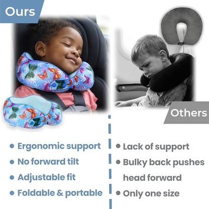 SKYTRAX® Certified Kids Safe Memory Foam Travel Neck Pillows for Kids and Toddlers Cute Cartoon Design, Car Seat & Airplane Head Neck Support, Adjustable Snap Buttons Washable Soft Cover (Butterfly) - color: Butterfly