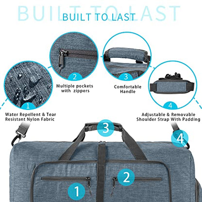 Vomgomfom 65L/85L/115L Foldable Travel Duffle Bag, Lightweight Checked Luggage with Shoe Compartment, Water-Resistant Weekender Overnight Bag for Men & Women - color: C Blue, size: 65L