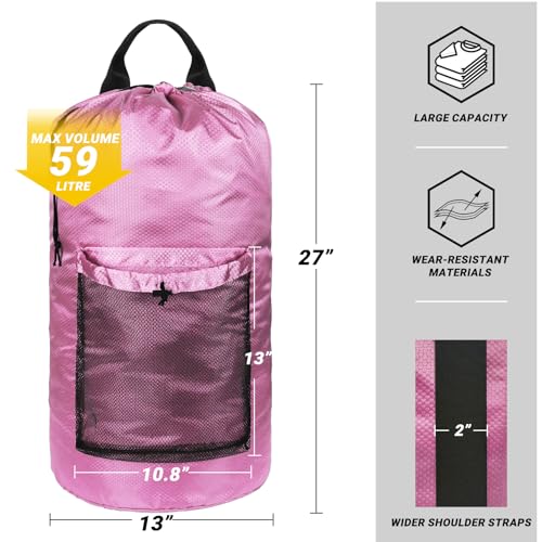 Laundry Bag with Shoulder Straps and Mesh Pocket Laundry Backpack Large Portable Laundry Hamper for College Laundromat Apartment - color: Pink